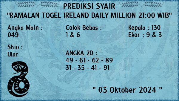 Prediksi Ireland Daily Million 21:00 WIB